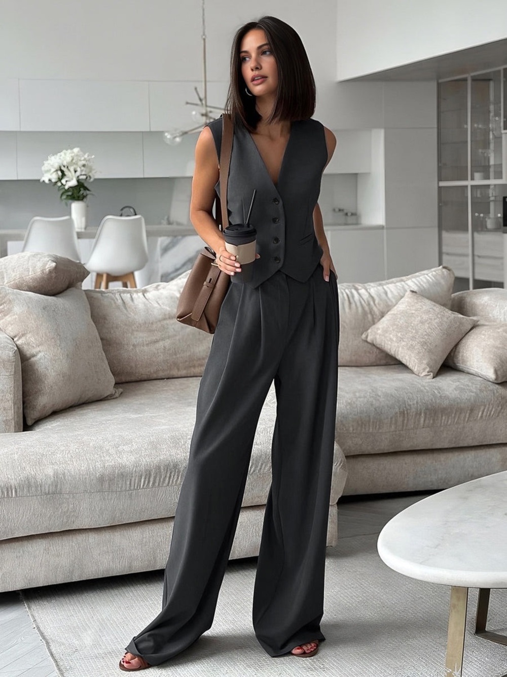 Commense Charcoal Solid V-Neck Waistcoat With Wide Leg Pants Set